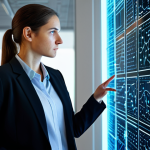 A focused data scientist, female, in a modest business blazer, observing an abstract, glowing holographic visualization of user behavior patterns in a modern, brightly lit tech office. The scene conveys deep analytical insight and strategic thinking. Perfect anatomy, correct proportions, natural pose, well-formed hands, proper finger count, natural body proportions. Professional photography, high quality, fully clothed, appropriate attire, safe for work, professional, family-friendly content.
