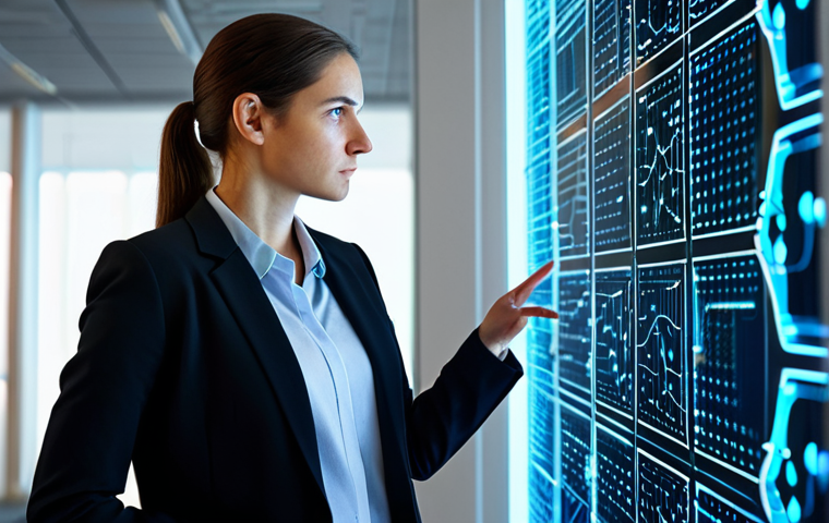 A focused data scientist, female, in a modest business blazer, observing an abstract, glowing holographic visualization of user behavior patterns in a modern, brightly lit tech office. The scene conveys deep analytical insight and strategic thinking. Perfect anatomy, correct proportions, natural pose, well-formed hands, proper finger count, natural body proportions. Professional photography, high quality, fully clothed, appropriate attire, safe for work, professional, family-friendly content.