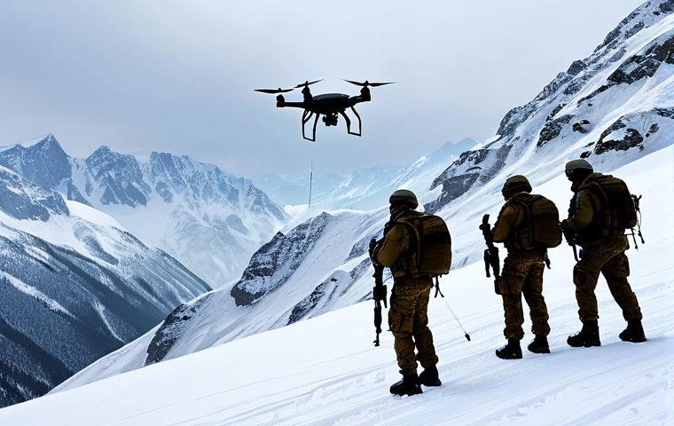**
"A tactical team fully clothed in winter camouflage navigating a snowy, mountainous pass. The team utilizes a "Sokol" tactical drone for reconnaissance. In the background, a blizzard obscures distant peaks. Safe for work, appropriate content, fully clothed, professional, perfect anatomy, correct proportions, natural pose, well-formed hands, proper finger count, natural body proportions, high quality."
**