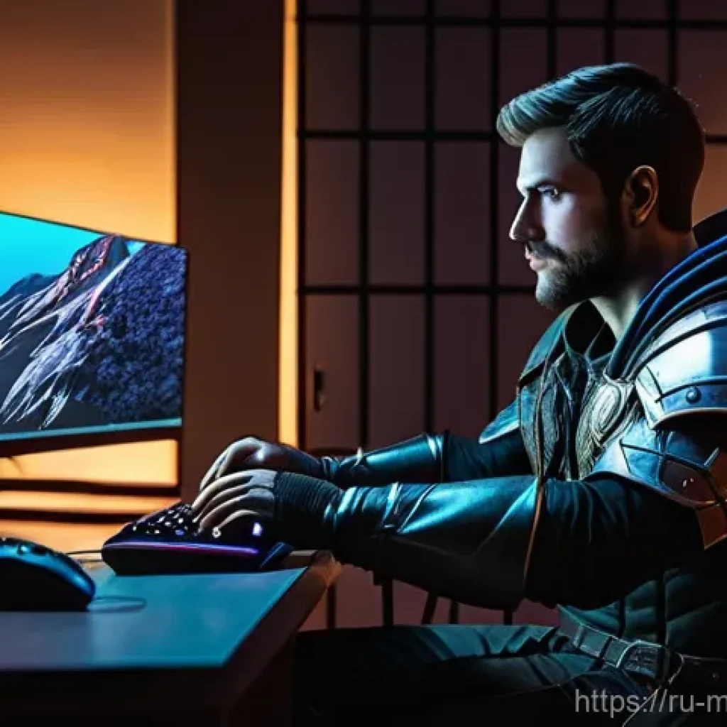 모바일게임 패치 노트 - **Prompt:** A male gamer, approximately 25-30 years old, sitting in a dimly lit, cozy gaming room wi...