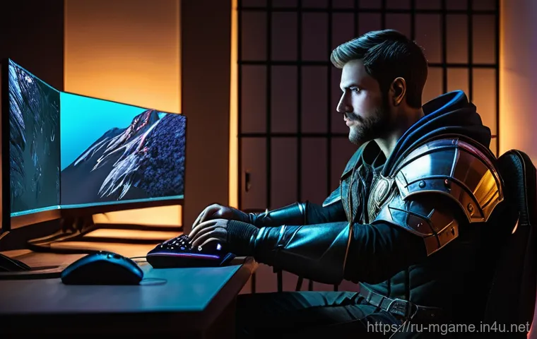 모바일게임 패치 노트 - **Prompt:** A male gamer, approximately 25-30 years old, sitting in a dimly lit, cozy gaming room wi...