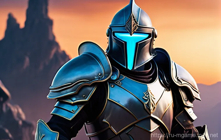 모바일게임 복합 장르 - **Prompt:** A valiant, armored fantasy knight, glowing with magical runes on his full plate armor, s...