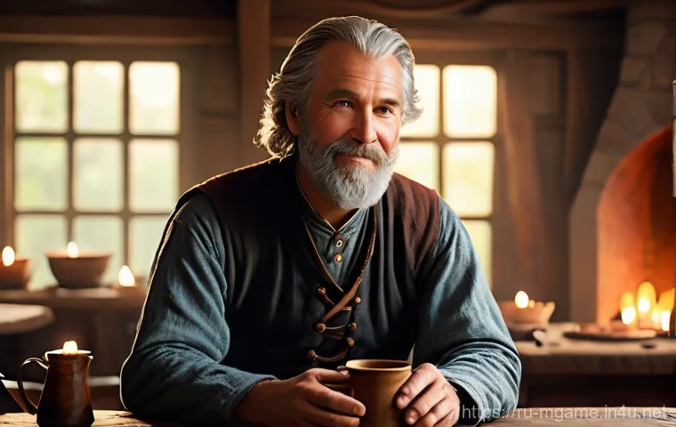 모바일게임 NPC 인기 순위 - **A Heartfelt Tavern Conversation:**
    "A cozy, warmly lit fantasy tavern interior. An older, bene...