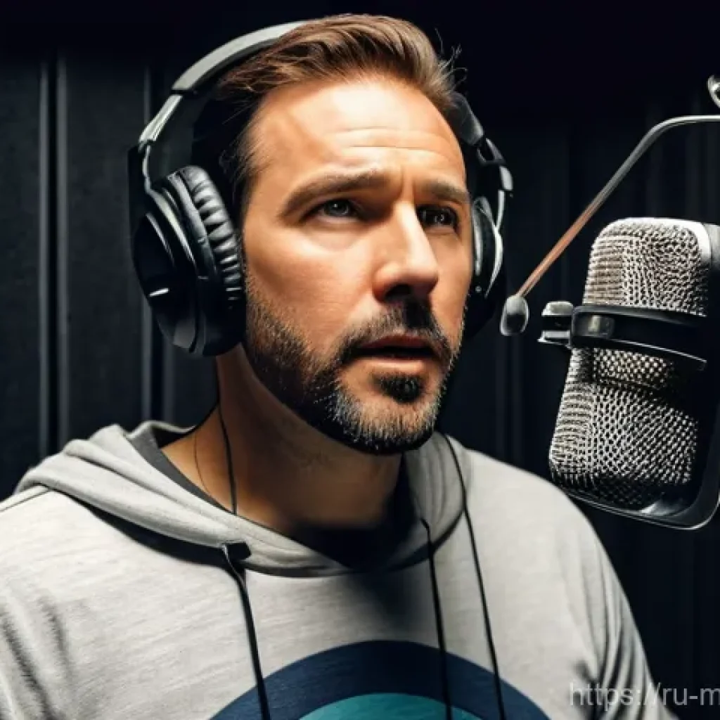 모바일게임 성우 정보 - **Prompt:** A male voice actor, around 40 years old, with an expressive, focused face, stands in a m...