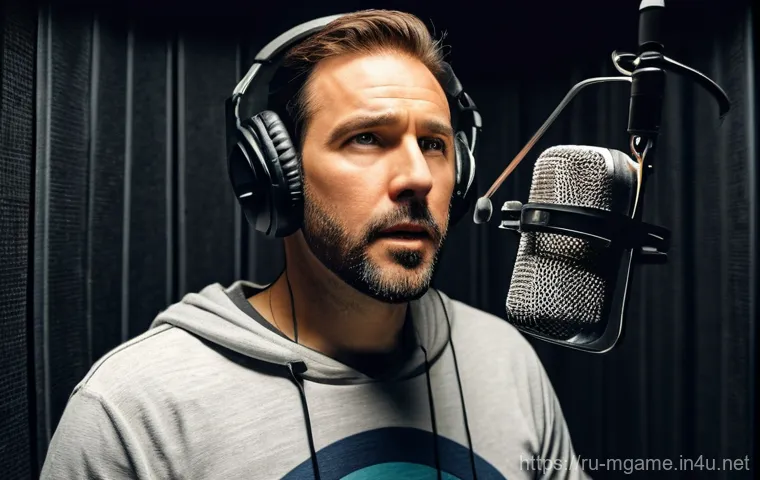 모바일게임 성우 정보 - **Prompt:** A male voice actor, around 40 years old, with an expressive, focused face, stands in a m...