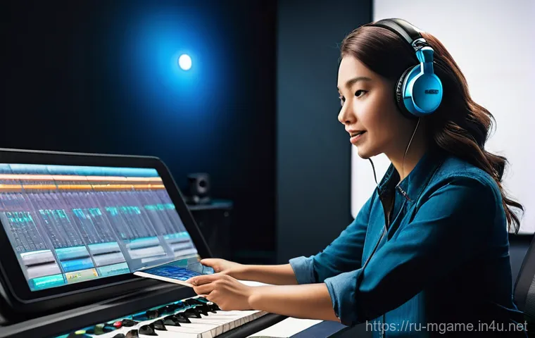 모바일게임 성우 정보 - **Prompt:** A male voice actor, around 40 years old, with an expressive, focused face, stands in a m...