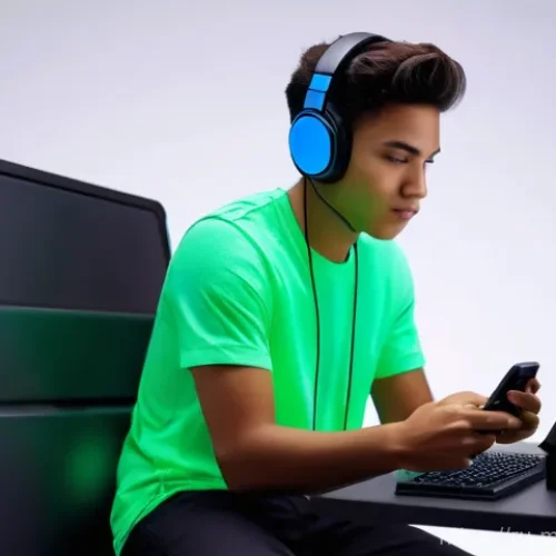 Home 28 모바일게임 핑 이슈 해결법 - **Prompt:** A young male or female gamer, aged 18-25, is sitting comfortably at a sleek, modern desk...