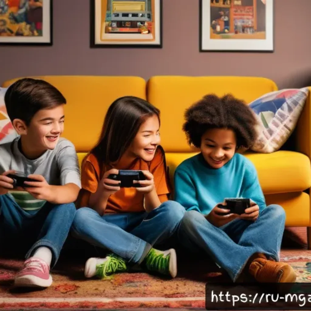 추억의 모바일게임 - A nostalgic scene depicting a group of diverse children in the early 2000s sitting together on a coz...
