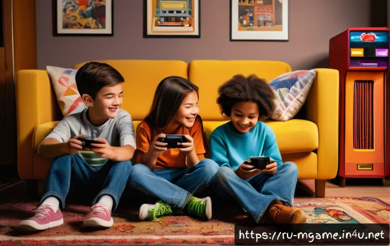 추억의 모바일게임 - A nostalgic scene depicting a group of diverse children in the early 2000s sitting together on a coz...