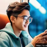 모바일 캐주얼 게임 - A cozy scene of a young adult playing a casual mobile puzzle game on a modern smartphone while sitti...