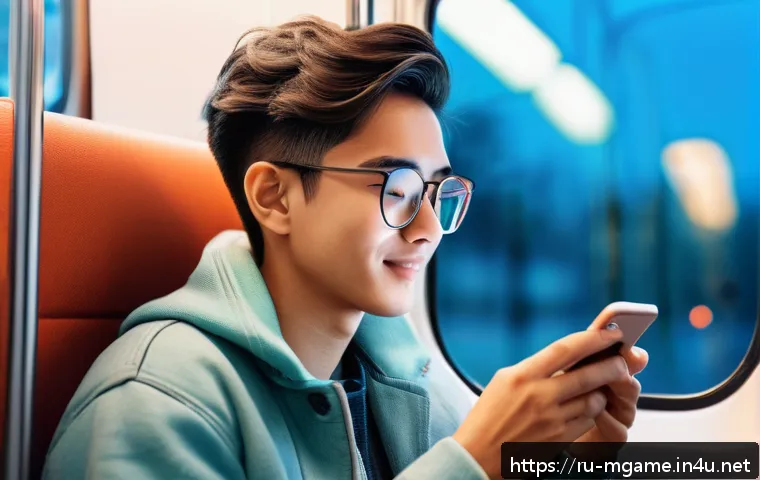 모바일 캐주얼 게임 - A cozy scene of a young adult playing a casual mobile puzzle game on a modern smartphone while sitti...