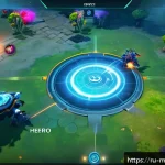 모바일 MOBA 게임 - A dynamic scene from a mobile MOBA game showcasing a team battle in a vibrant, detailed map environm...