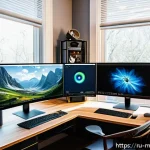 모바일게임 제작 엔진 - A modern game developer&rsquo;s workspace featuring a high-end computer setup with dual monitors displayin...