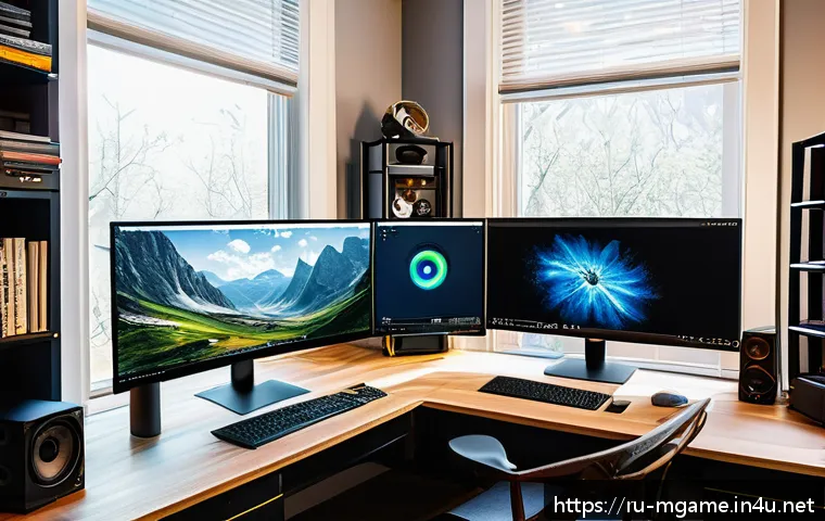 모바일게임 제작 엔진 - A modern game developer’s workspace featuring a high-end computer setup with dual monitors displayin...