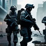 모바일 FPS 추천 - A futuristic mobile FPS game scene showing a highly detailed urban battlefield at dusk with dynamic ...