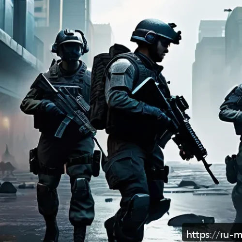 모바일 FPS 추천 - A futuristic mobile FPS game scene showing a highly detailed urban battlefield at dusk with dynamic ...