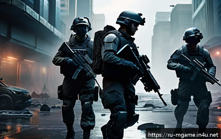 모바일 FPS 추천 - A futuristic mobile FPS game scene showing a highly detailed urban battlefield at dusk with dynamic ...