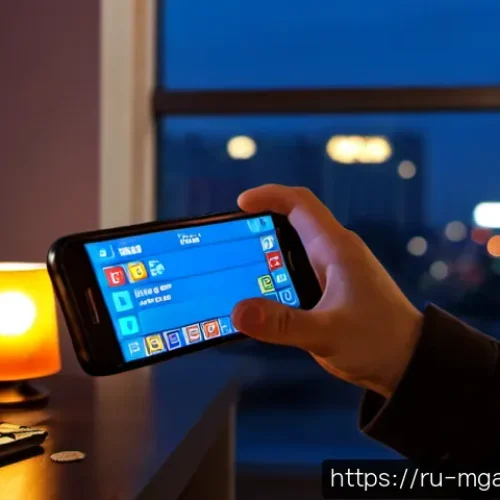 모바일게임 월별 이벤트 - Photorealistic cozy Moscow apartment at dusk, young adult gamer holding a smartphone with a colorful...