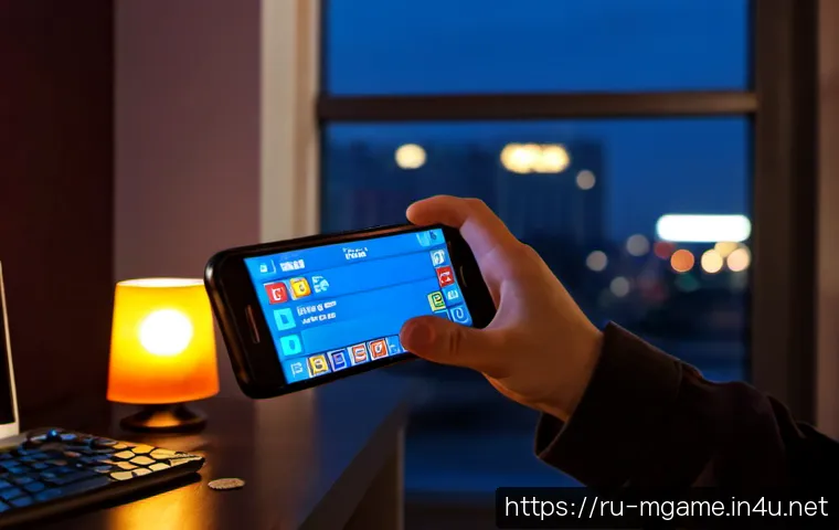 모바일게임 월별 이벤트 - Photorealistic cozy Moscow apartment at dusk, young adult gamer holding a smartphone with a colorful...