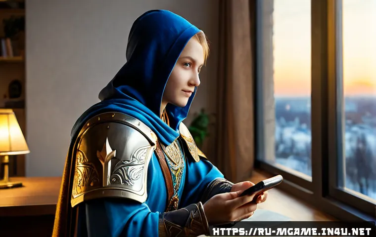 모바일게임 직업 선택 가이드 - Photorealistic over-the-shoulder view of a young Russian adult choosing a mobile game character clas...