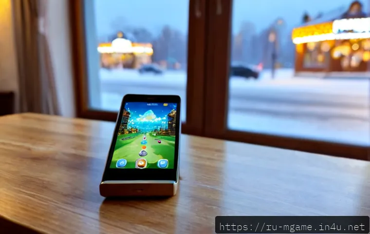 Home 17 모바일게임 사전 예약 - Photorealistic close-up of a modern smartphone on a wooden café table in Moscow, screen showing a ge...